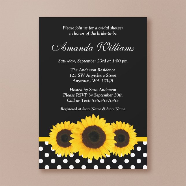 Sunflower Black and White Polka Dot Bridal Shower Invitation (Creator Uploaded)