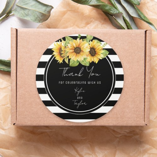 Sunflower Black and White Stripes Wedding Favor Classic Round Sticker
