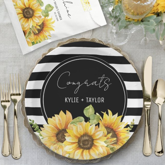 Sunflower Black and White Stripes Wedding Shower Paper Plates (Creator Uploaded)