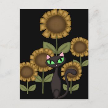 Sunflower Black Cat Postcard by bonfirecats at Zazzle
