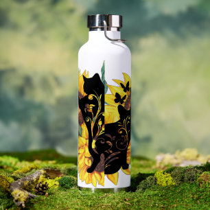 Sunflower Black Cats Watercolor Floral Water Bottle