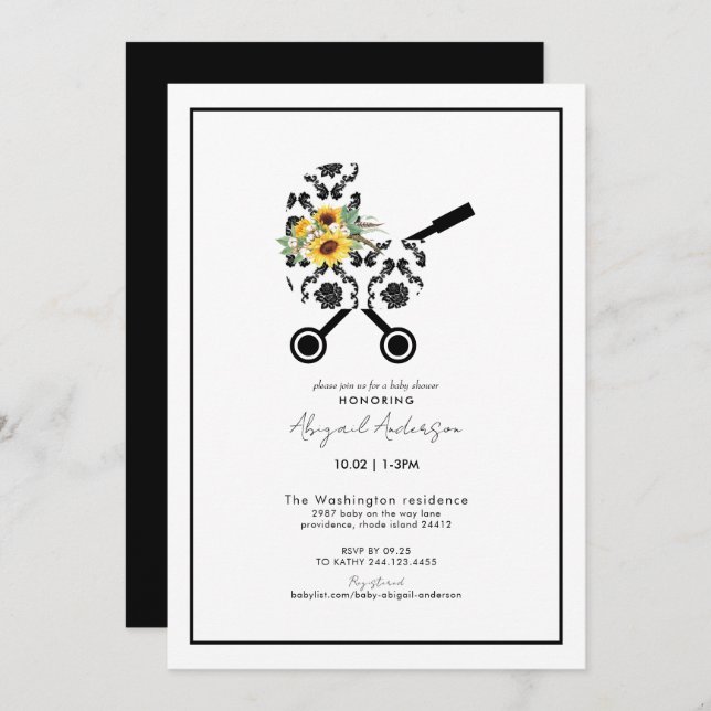 Sunflower & Black Damask Pram Baby Shower   Invitation (Front/Back)
