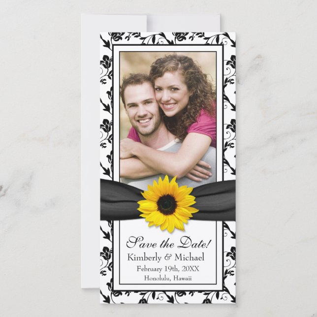 Sunflower Black Floral Ribbon Photo Save the Date (Front)
