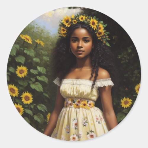 Sunflower Black Girl Floral Cottagecore Aesthetic Classic Round Sticker