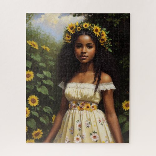 Sunflower Black Girl Floral Cottagecore Aesthetic Jigsaw Puzzle