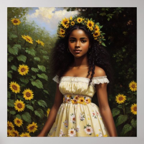 Sunflower Black Girl Floral Cottagecore Aesthetic Poster