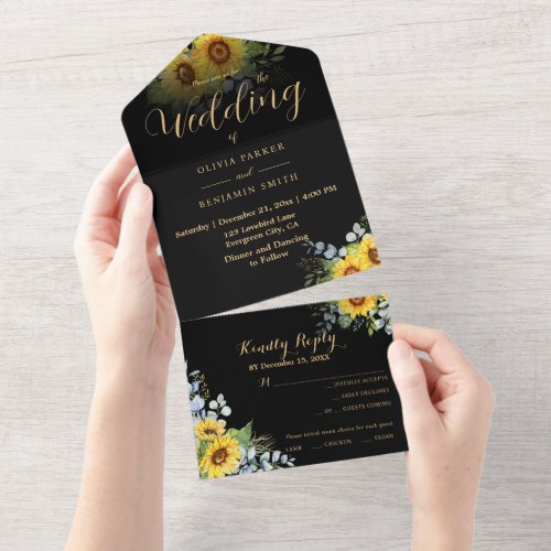Sunflower Black Gold Calligraphy Wedding All In One Invitation