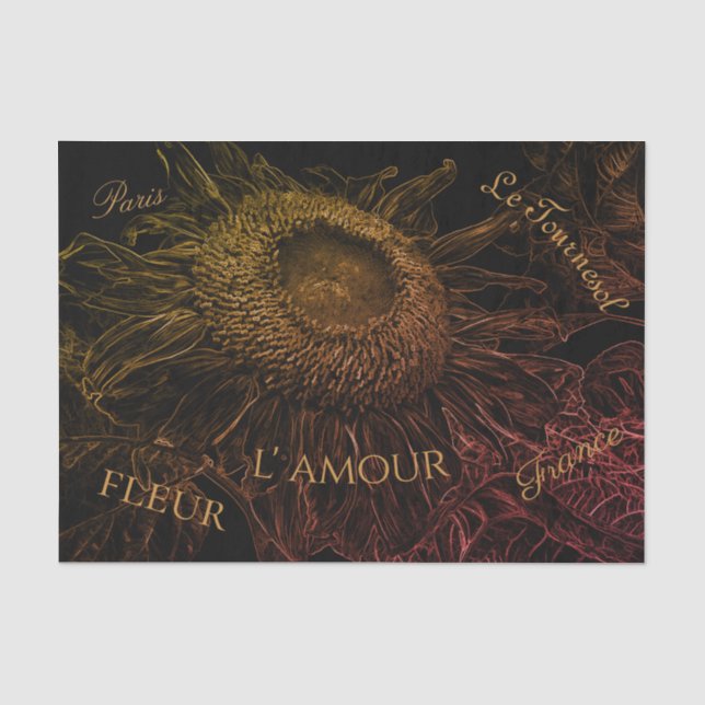 Sunflower Black Gold Pink Floral Art Script  Tissue Paper (Front)