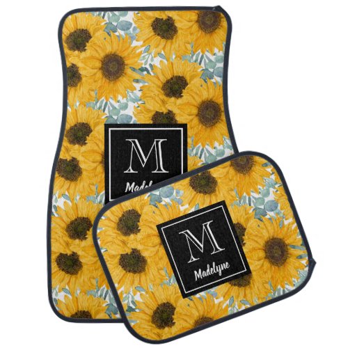 Sunflower Black Monogram Name Personalized Car Floor Mat