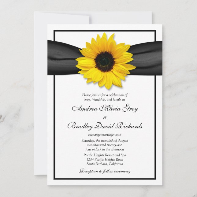 Sunflower Black Ribbon Wedding Invitation (Front)