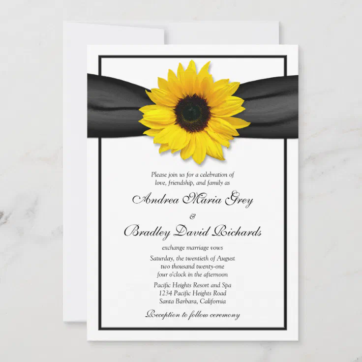 Sunflower Black Ribbon Wedding Invitation | Zazzle