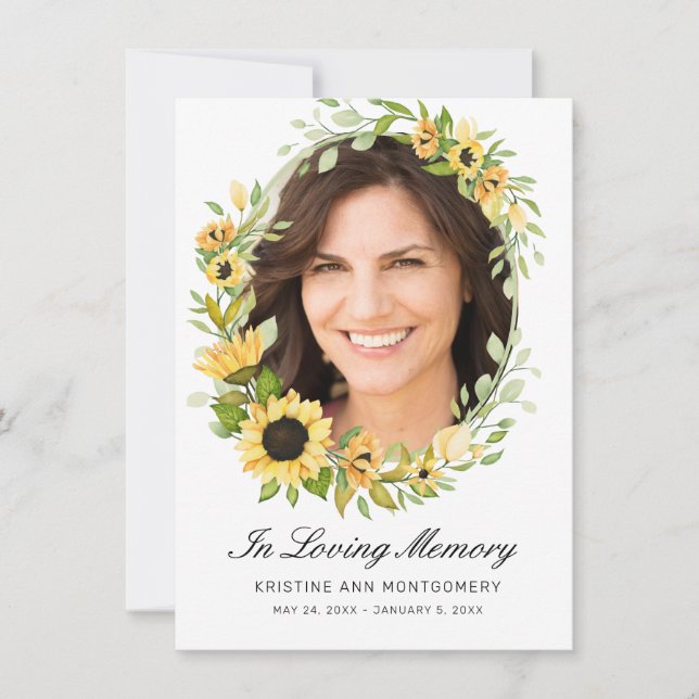 Sunflower Black Script Cross Photo Funeral Thank You Card (Front)