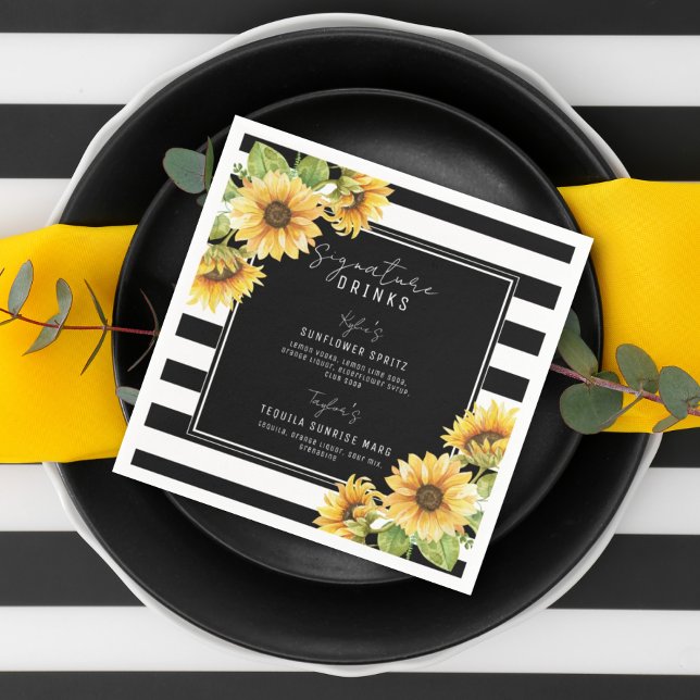 Sunflower Black Stripe Signature Drinks Wedding Napkins (Creator Uploaded)
