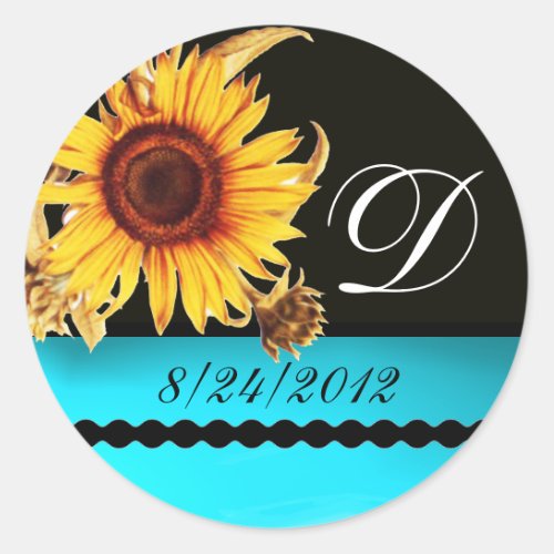 SUNFLOWER BLACK WHITE AQUA BLUE TEAL MONOGRAM CLASSIC ROUND STICKER