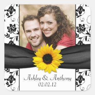 Sunflower Black White Damask Photo Wedding Square Sticker