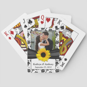 Sunflower Black White Damask Wedding Playing Cards