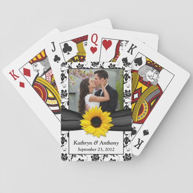 Sunflower Black White Damask Wedding Playing Cards (Back)