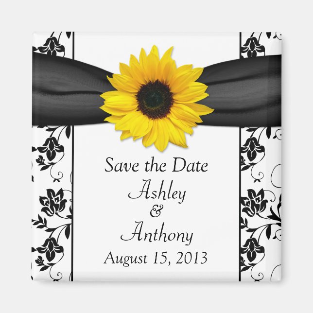 Sunflower Black White Damask Wedding Save the Date Magnet (Front)