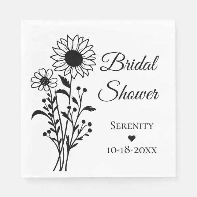 Sunflower Black White Floral Bridal Shower Napkins (Front)