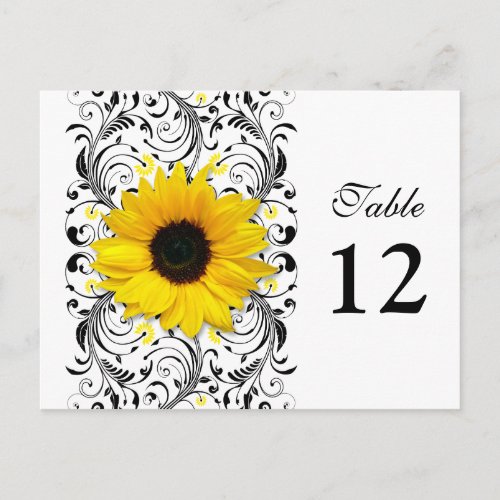 Sunflower Black  White Floral Table Number Card