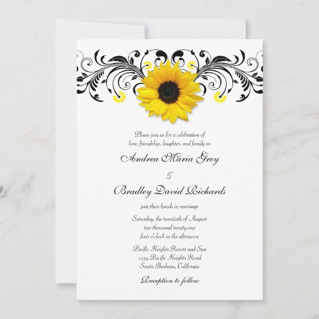 Sunflower Black & White Floral Wedding Invitation (Front)