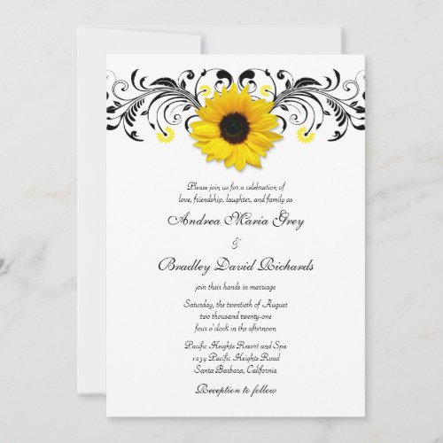 Sunflower Black &amp; White Floral Wedding Invitation