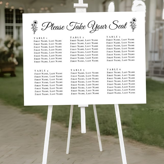 Sunflower Black White Floral Wedding Seating Chart Foam Board (Creator Uploaded)