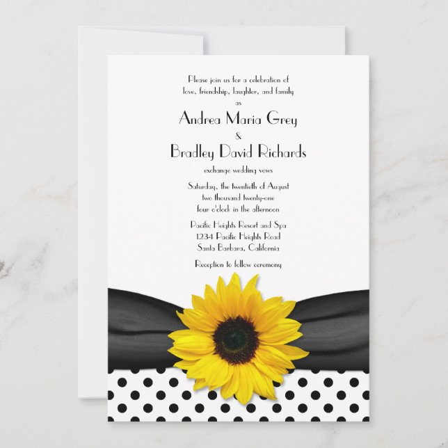 Sunflower Black White Polka Dot Ribbon Wedding Invitation (Front)
