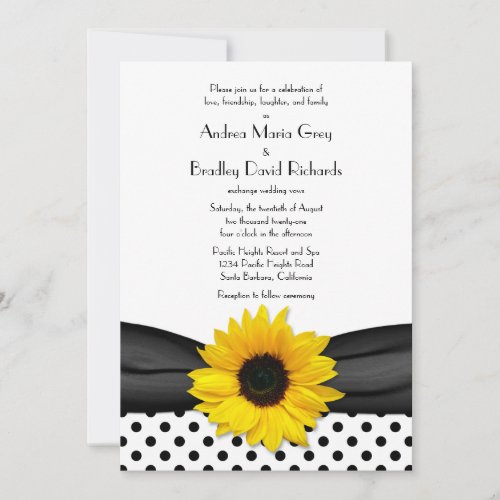 Sunflower Black White Polka Dot Ribbon Wedding Personalized Invites