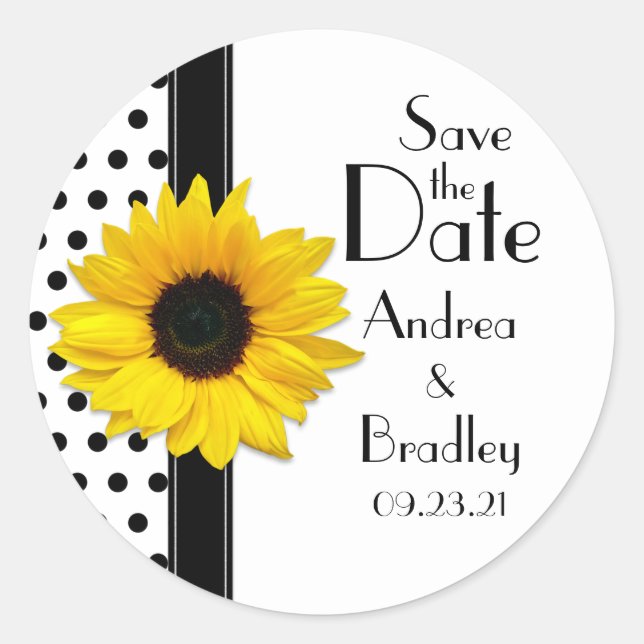 Sunflower Black White Polka Dot Save the Date Classic Round Sticker (Front)