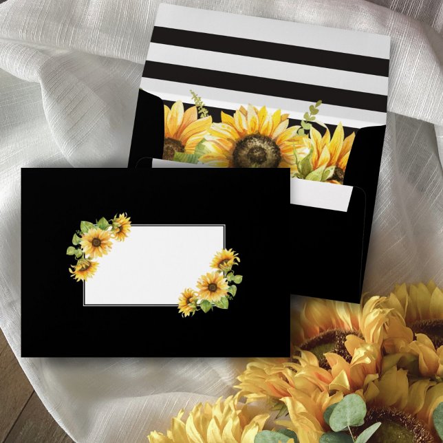 Sunflower Black White Stripe Personalized Wedding Envelope (Creator Uploaded)
