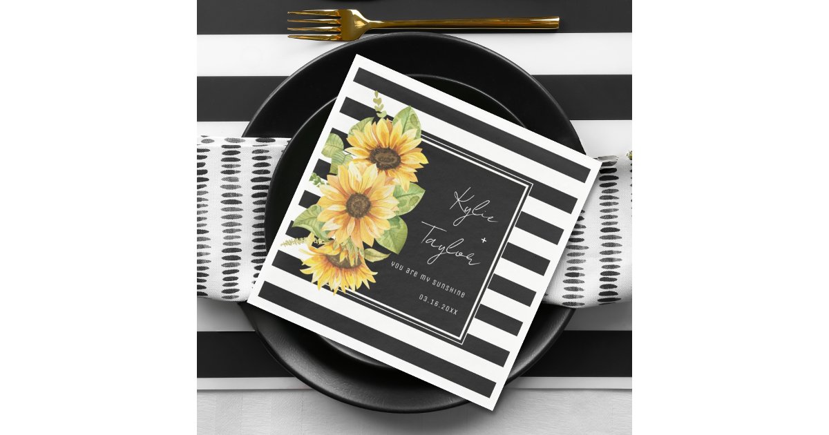 Sunflower Black & White Stripe Wedding or Shower Napkins | Zazzle