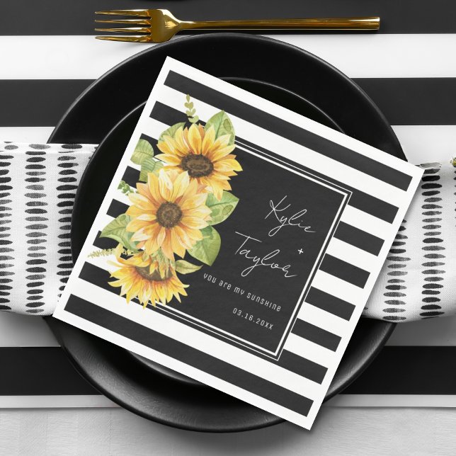 Sunflower Black & White Stripe Wedding or Shower Napkins (Creator Uploaded)