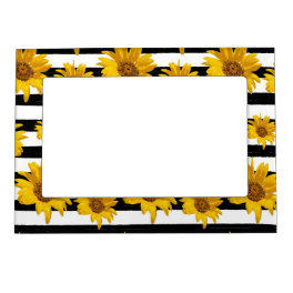 Sunflower Black White Striped Pattern Modern Magnetic Frame