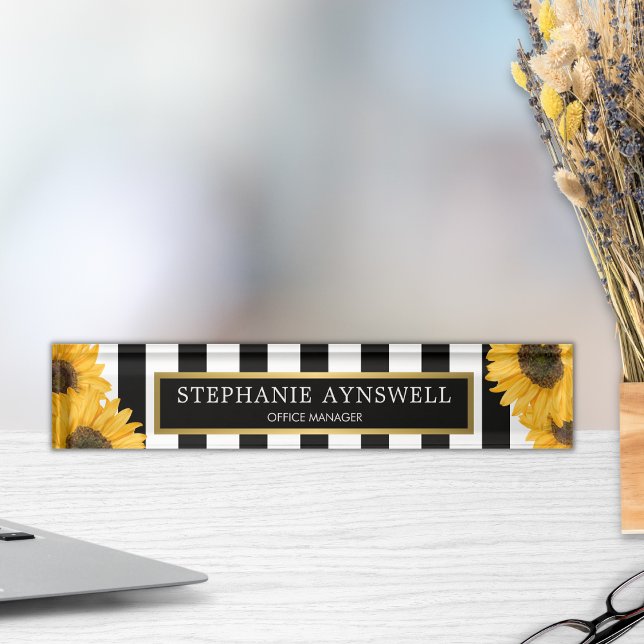 Sunflower Black White Stripes Gold Personalized Desk Name Plate (Creator Uploaded)