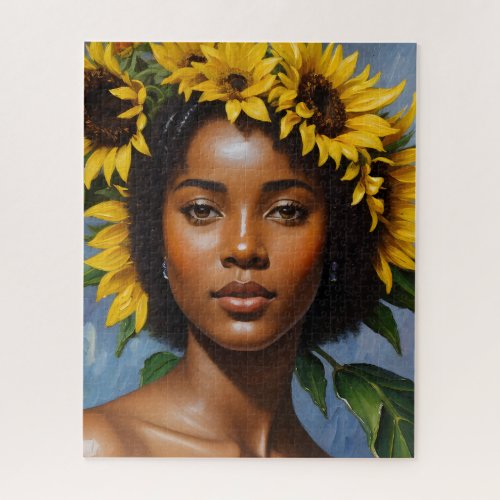 Sunflower Black Woman Portrait Art Jigsaw Puzzle