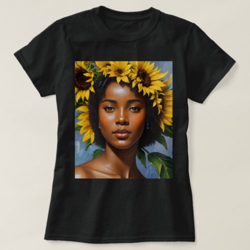 Sunflower Black Woman Portrait Art T_Shirt