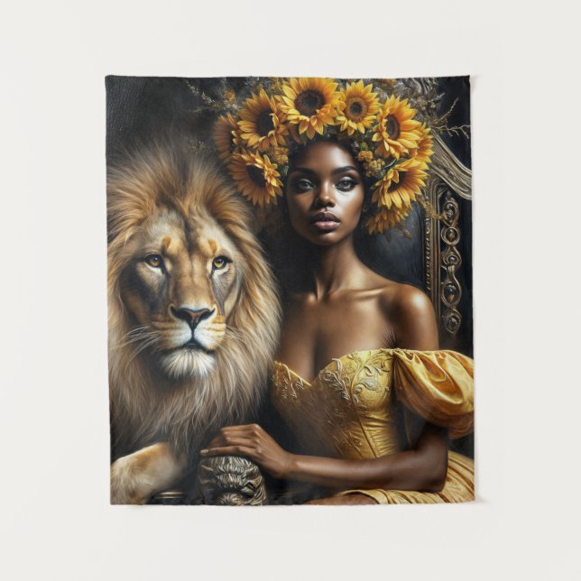 Sunflower Black Woman With Lion Tapestry (Front)