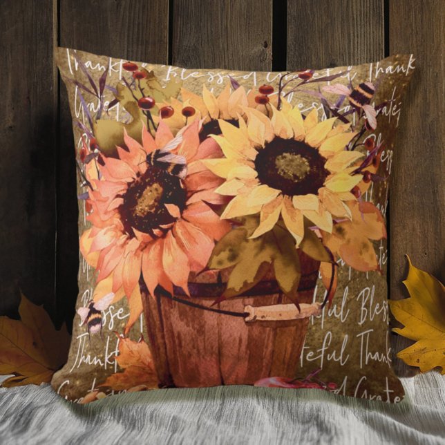 Sunflower Blessings Gratitude Thanksgiving Throw Pillow (Creator Uploaded)