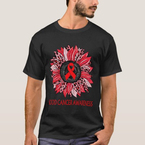 Sunflower Blood Cancer Awareness Red Ribbon Suppor T_Shirt