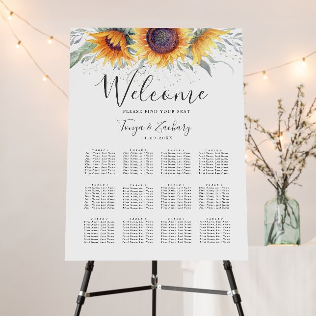 Sunflower Bloom 12 Table Seating Chart Foam Board (In Situ (Stand))