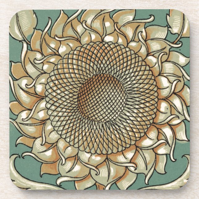 Sunflower Bloom on Blue-green Background Coaster (Front)