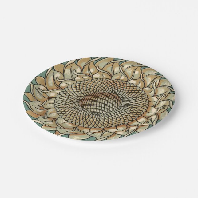 Sunflower Bloom on Blue-green Background Paper Plates (Angled)