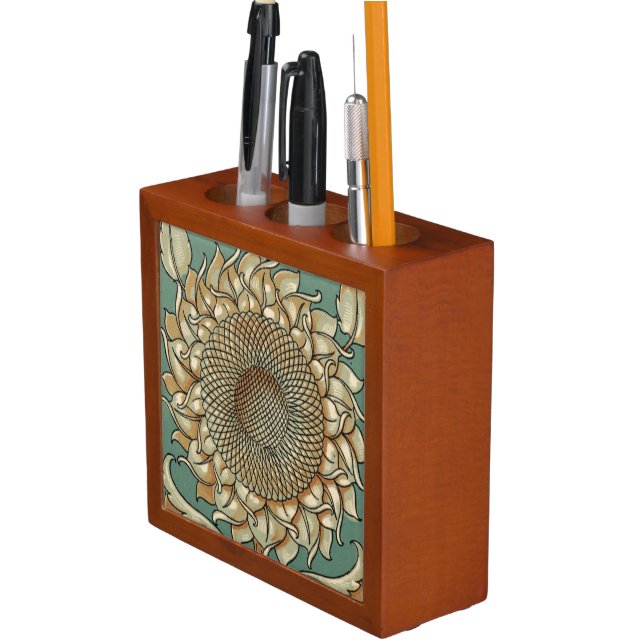 Sunflower Bloom on Blue-green Background Pencil Holder (In Situ)