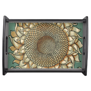 Sunflower Bloom on Blue-green Background Serving Tray