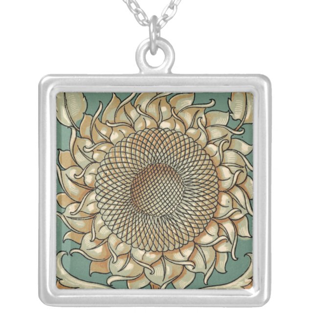 Sunflower Bloom on Blue-green Background Silver Plated Necklace (Front)