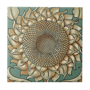 Sunflower Bloom on Blue-green Background Tile