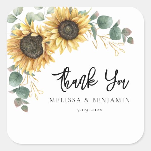 Sunflower Bloom Script Wedding Thank You Square Sticker