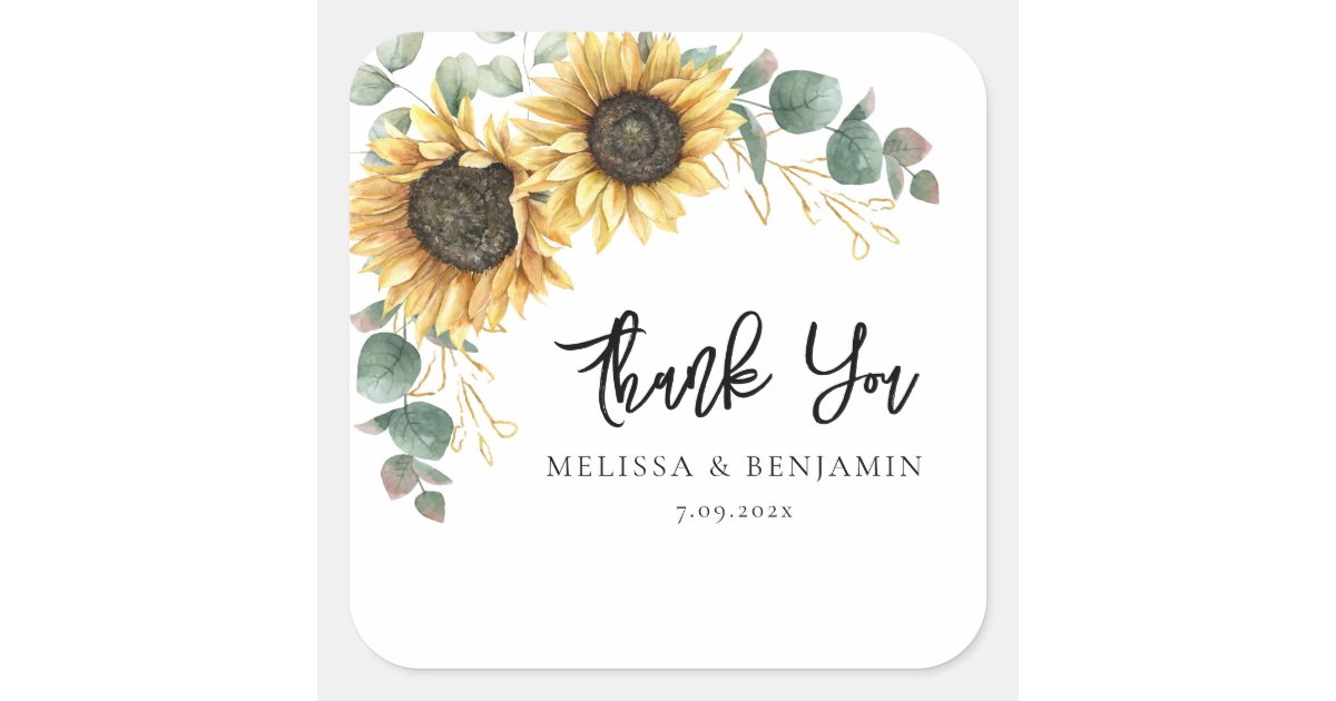 Sunflower Bloom Script Wedding Thank You Square Sticker | Zazzle