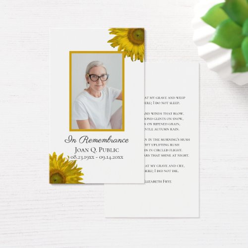 Sunflower Blossoms Funeral Memorial Prayer Card